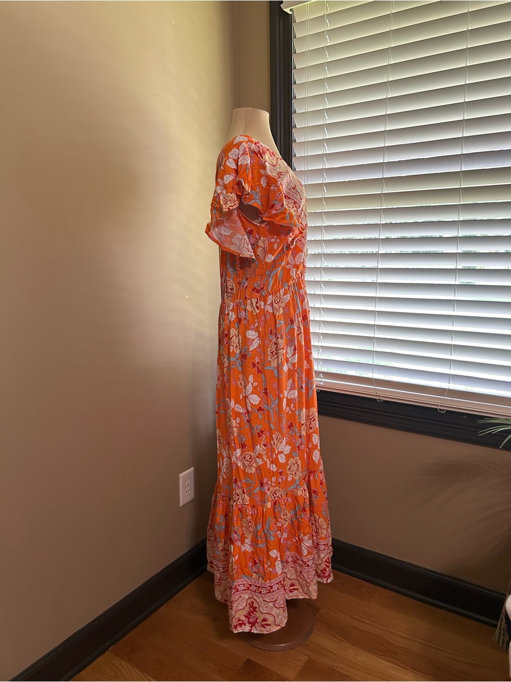 Floral V-Neck Orange Maxi Dress with Pink Trim - Picture 6 of 8